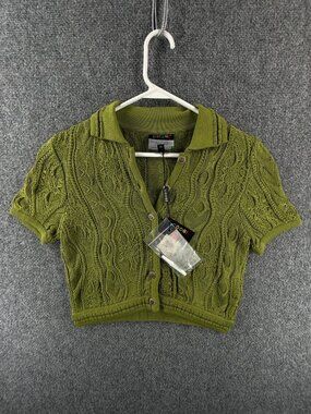 NWT Coogi Australia Short Sleeve Green 3D Knit Cardigan Sweater XS Cotton Button